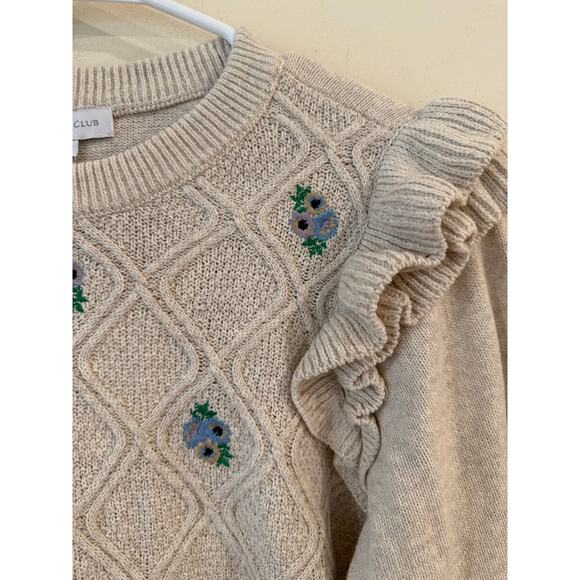 Charter Club Long Sleeve Ruffle Embroidered Floral Sweater Beige Women's Petite - Picture 6 of 13